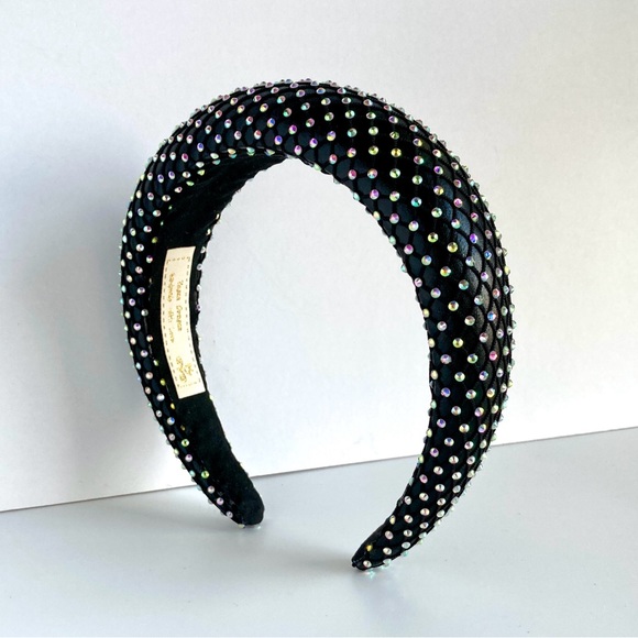 Black Padded 1.5” Headband with Rhinestone-Adorned Mesh Overlay Handmade - Picture 4 of 10